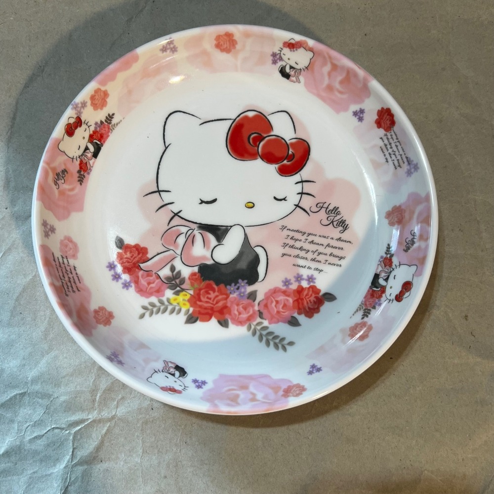 Sanrio 8.5" Hello Kitty Plate Pink Floral Rose Kawaii Melamine Quote Decor